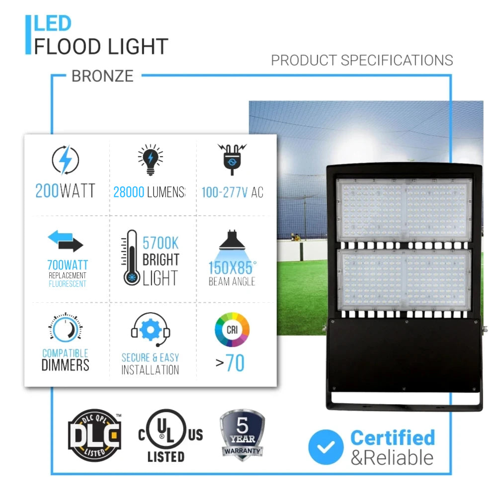 200W LED Flood Light, 5700K, 28000 Lumens, Dimmable , AC120-277V, Bronze, Super Bright Security Flood Lighting for Buildings, Warehouse, Parking Lots, Yard