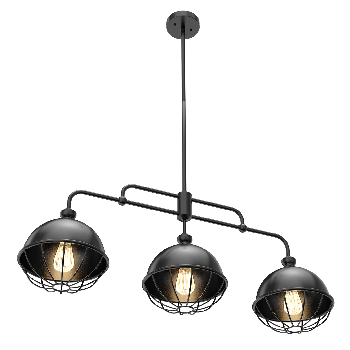 3-Light Island Linear Chandelier Fixture, Iron Black Finish, E26 Base, Dome Shade