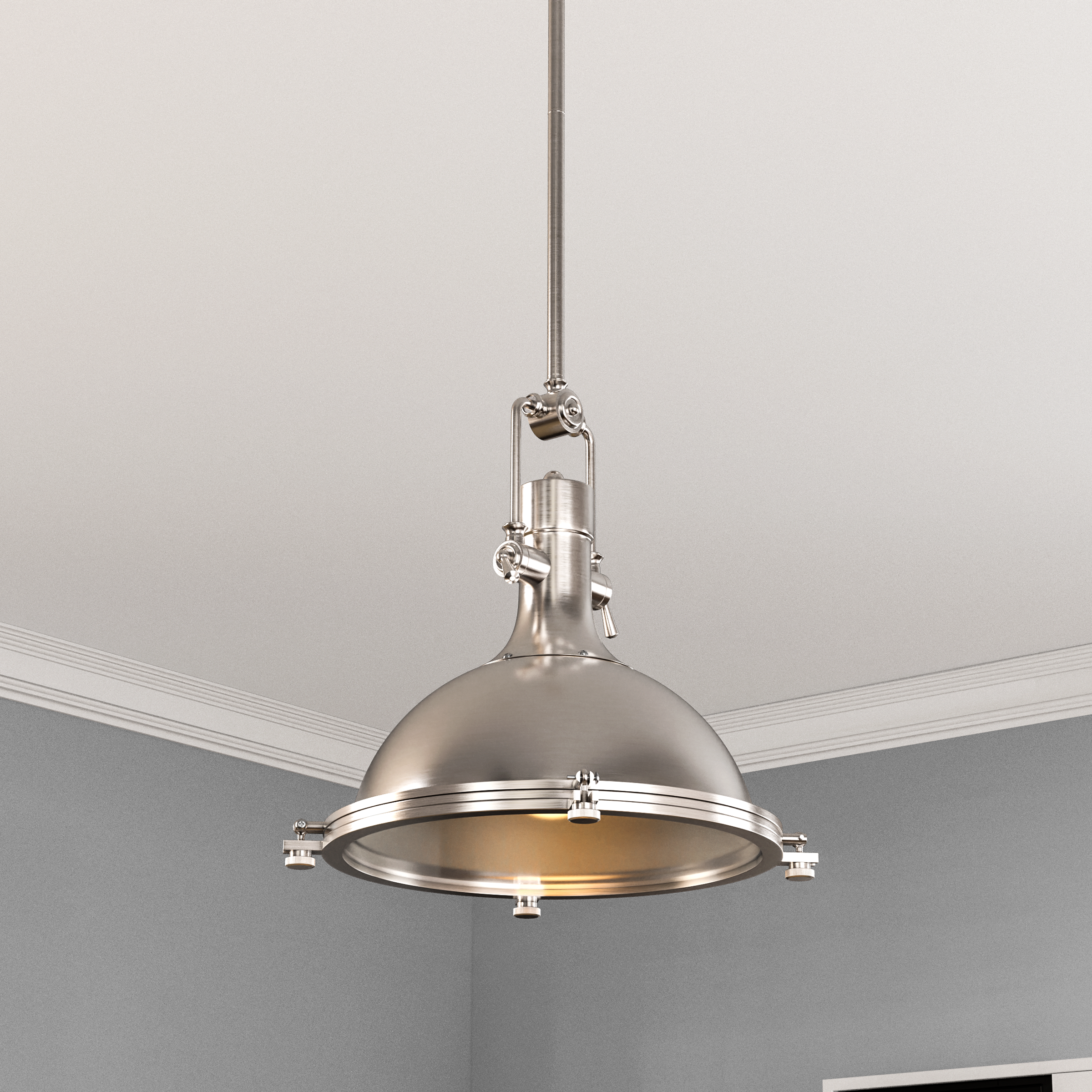 Industrial Pendant Light Fixture, Satin Nickel Finish, Dome Shape, Includes Extension Rods 1x6"+3x12", E26 Base
