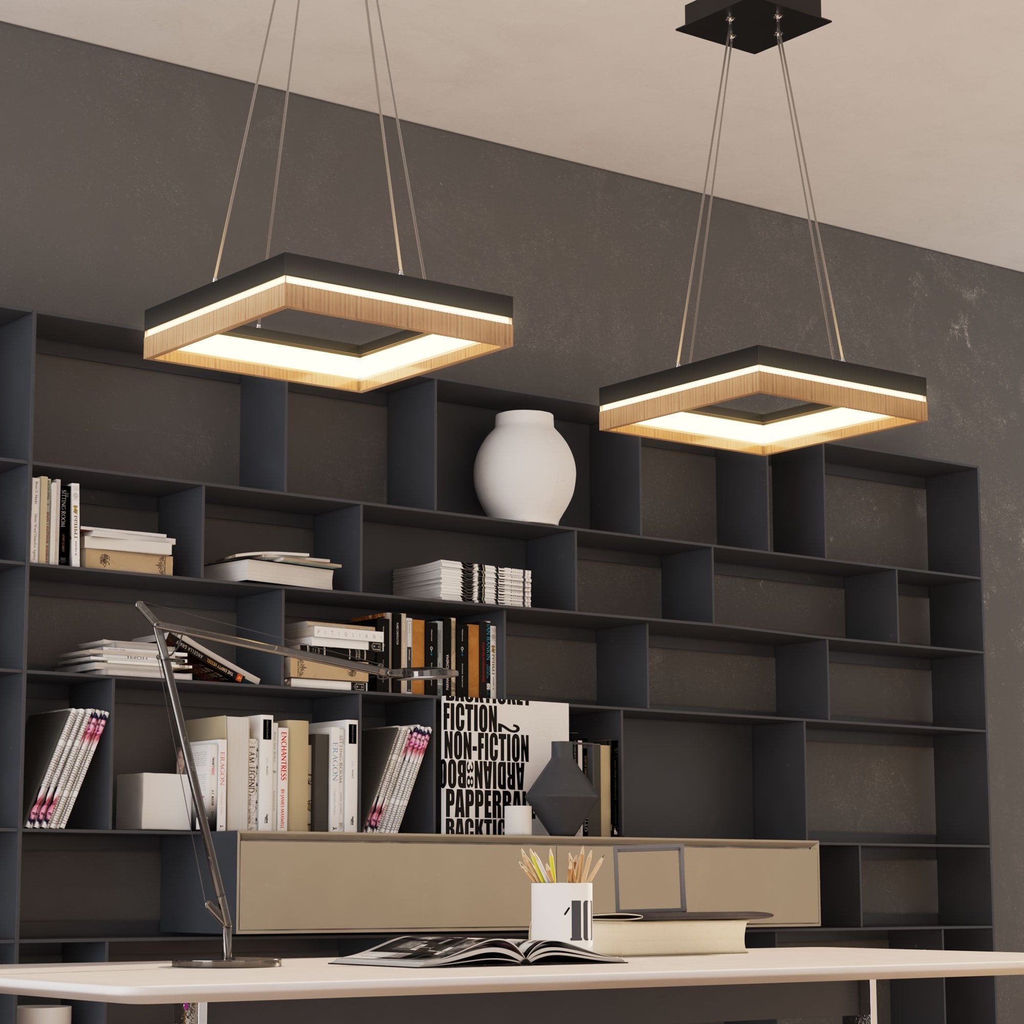 Square Metal and Wood Chandelier Light, 35W, 3000K (Warm White), 836 Lumens, Dimmable, Matte Black + Wood Body Finish