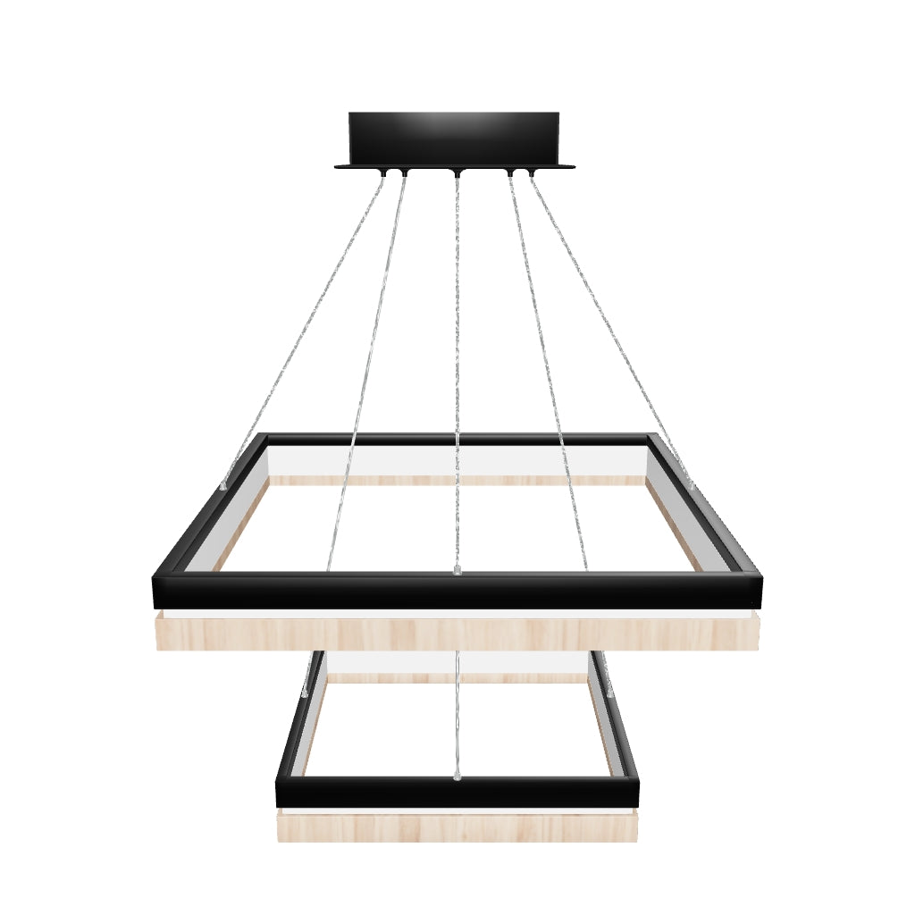 Double Square Chandeliers Light, 128W, 3000K (Warm White), 2461 Lumens, Dimmable Wooden + Matte Black Finish Chandelier
