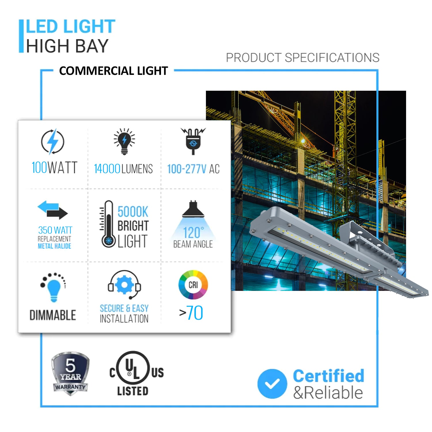 100 Watt 4FT LED Explosion Proof Linear Light, I Series, Dimmable, 5000K, 14000LM, AC100-277V, IP66, Hazardous Location Lighting Fixtures