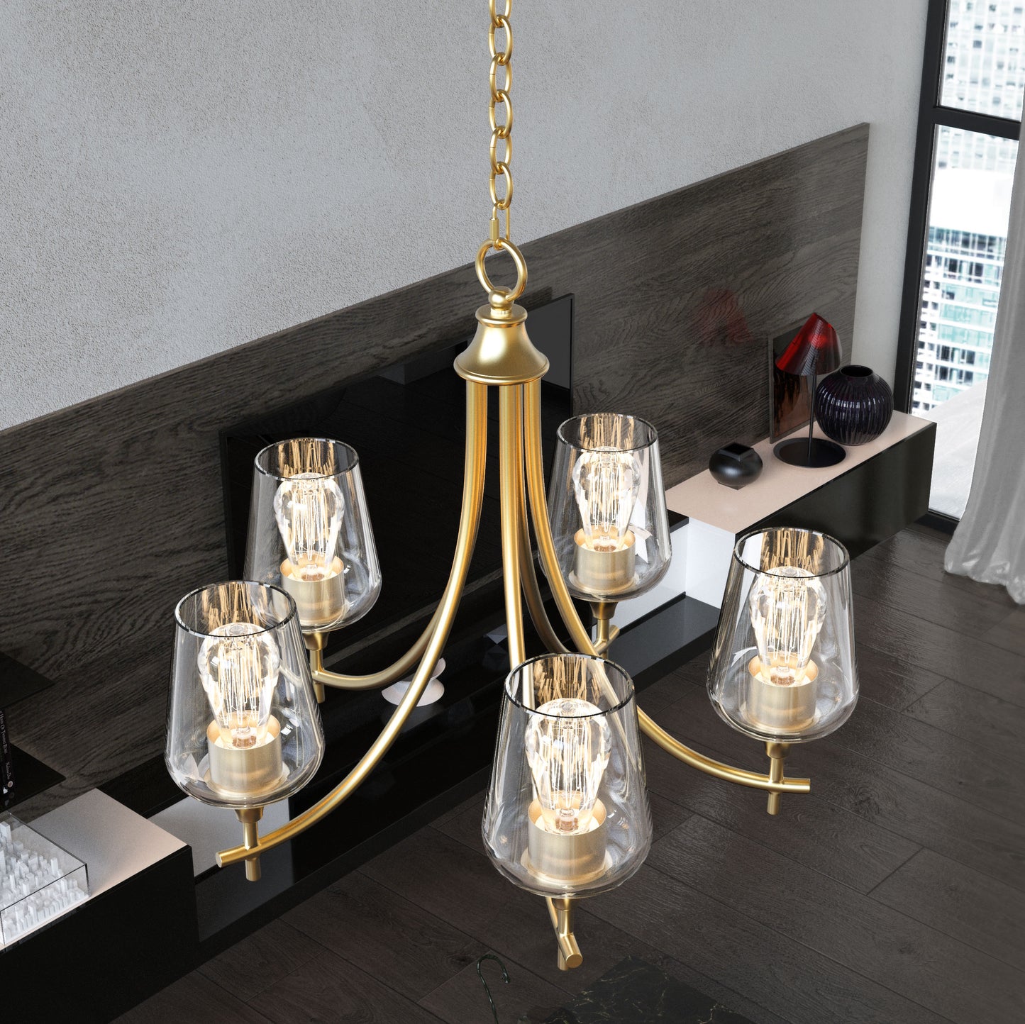 5-light-chandelier-brass-gold-finish-with-clear-glass