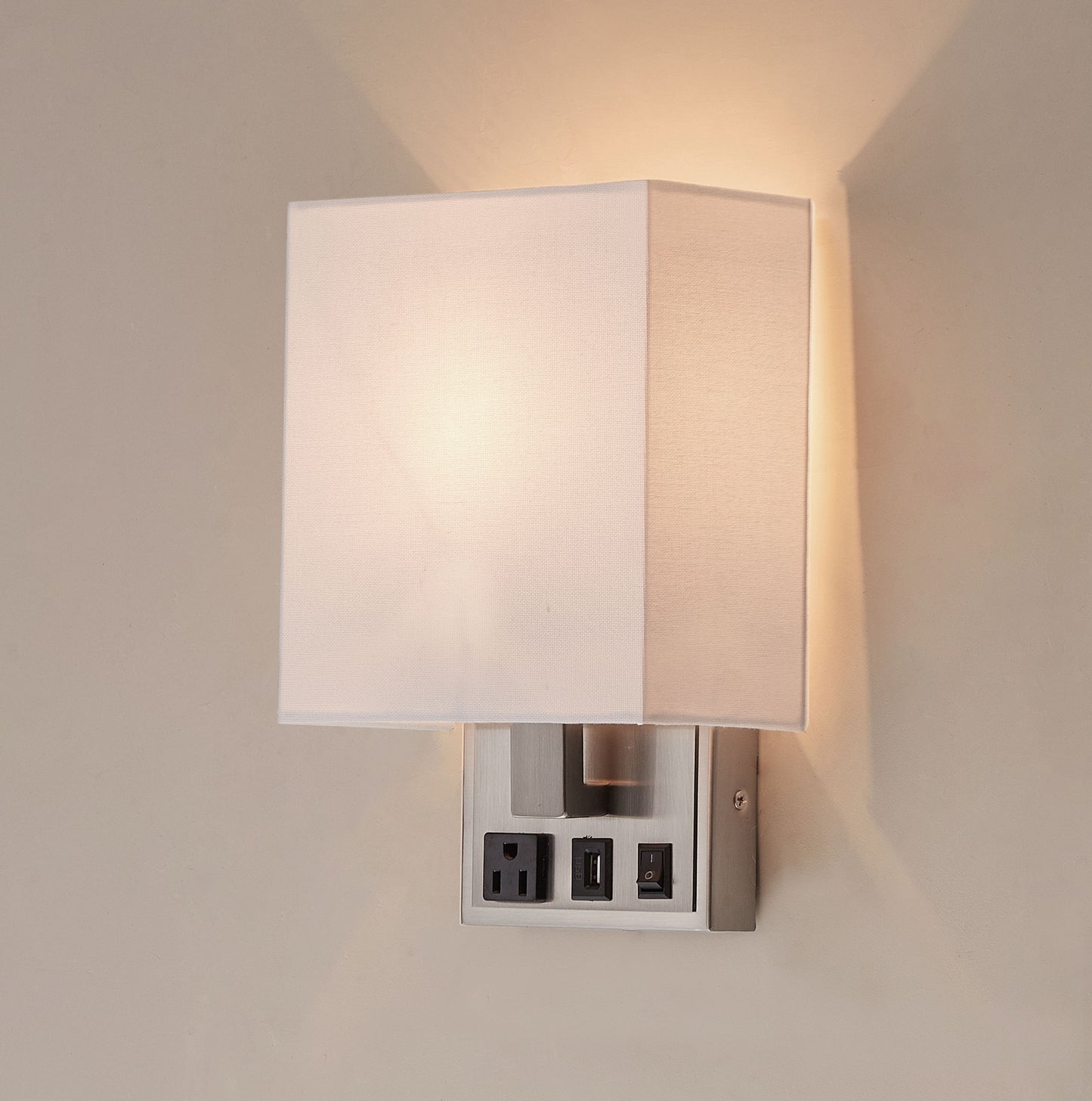 1-Light, Decorative Wall Sconces Light with 1 Switch, 1 USB & 1 Outlet, Satin Nickel Finish w/ White shade, Wall Mounted Lamps for Home Hotel Corridor Restaurant