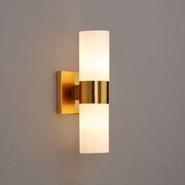 2-Lights, Wall Sconce with White Glass Shade, Brushed Brass Finish, Dim: L13.5