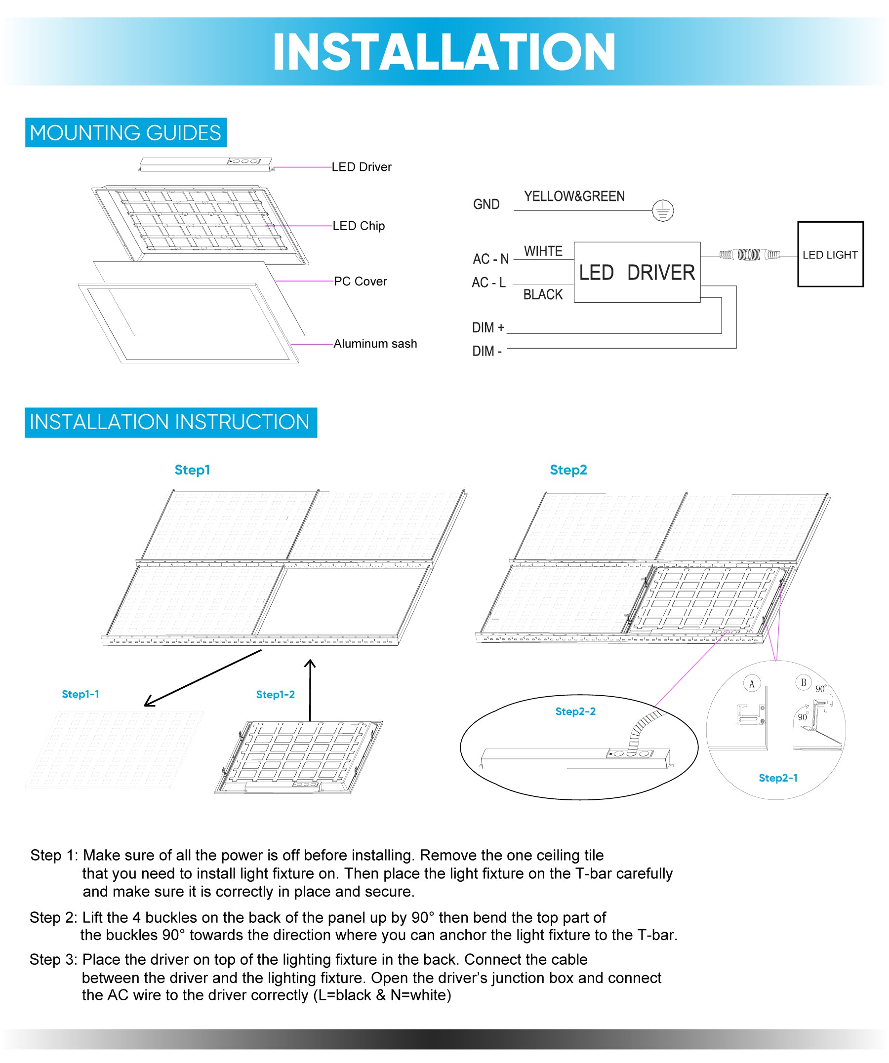 2 ft. X 4 ft. LED Panel Light 4000K Neutral White 72W 9000LM Dimmable, AC120V-277V, UL, DLC Listed, Damp Location, Flat Backlit Fixture, Recessed/Drop Ceiling Install