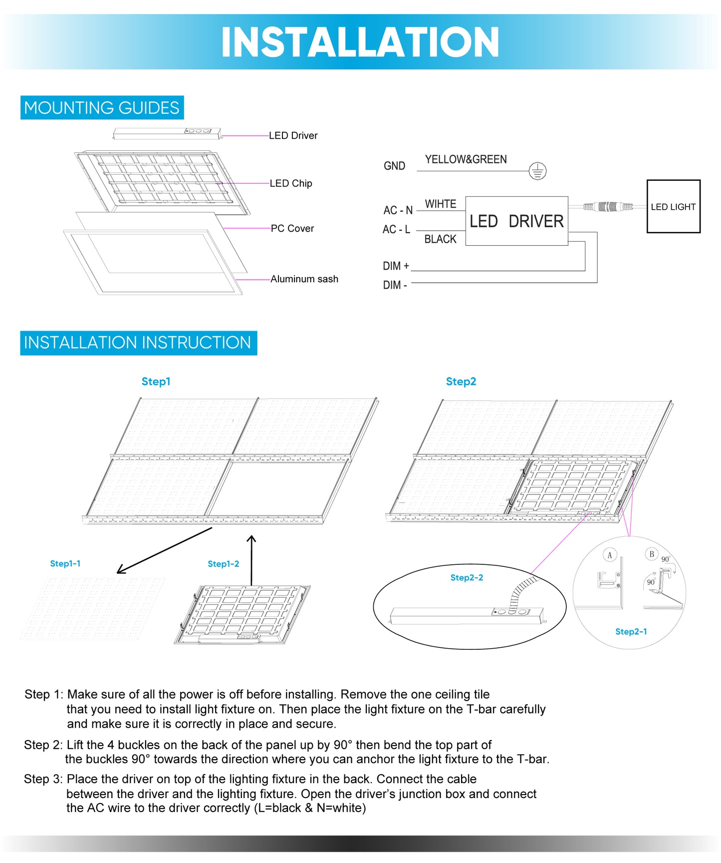 2 ft. X 4 ft. LED Panel Light 4000K Neutral White 72W 9000LM Dimmable, AC120V-277V, UL, DLC Listed, Damp Location, Flat Backlit Fixture, Recessed/Drop Ceiling Install