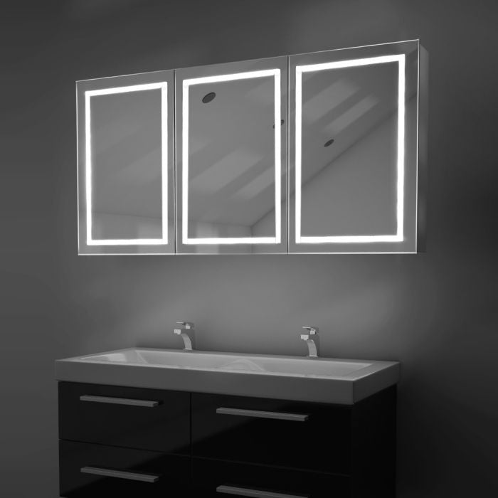 LED Lighted Bathroom Medicine Cabinet with Outlet, Double Sided Mirror, On/Off Switch, Surface Mount, Medicine Cabinet with LED Mirror, Hector Style