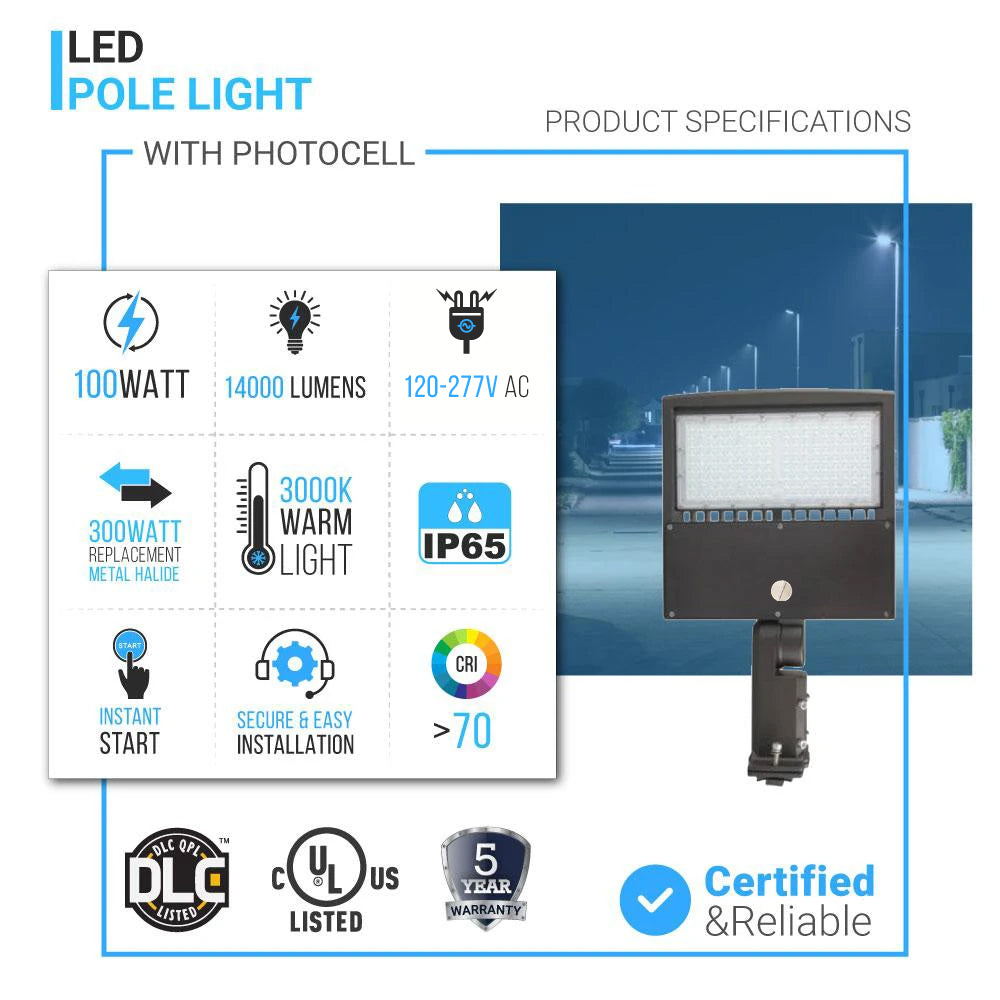 100W LED Pole Light with Dusk to Dawn Photocell, 3000K, Universal Mount, Bronze, AC120-277V, IP65 Waterproof, LED Parking Lot Lights - Outdoor Commercial Area Street Lighting