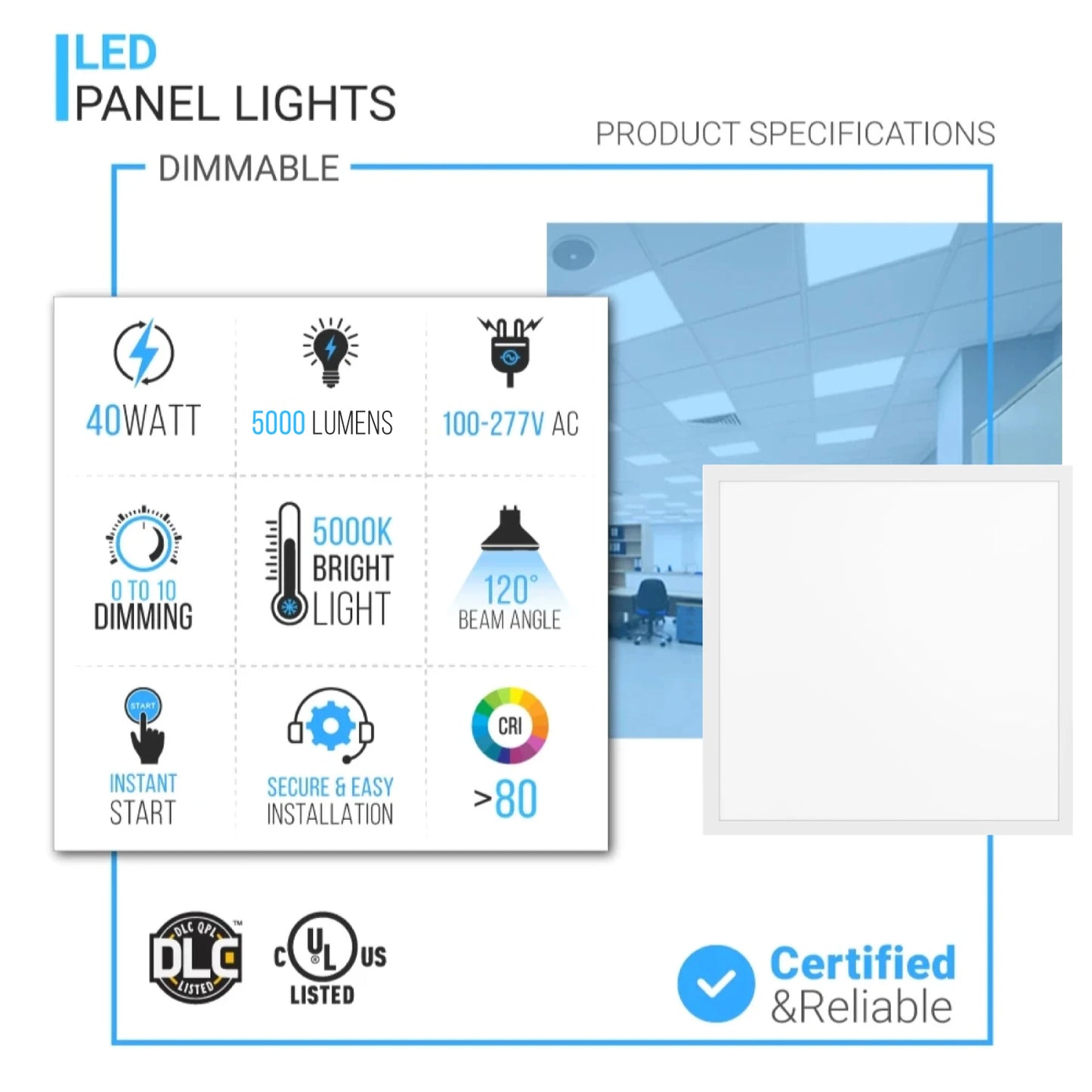 2 ft. X 2 ft. LED Flat Panel Light 5000K 40W  AC100-277V Dimmable DLC Listed, Backlit Ceiling Light For Office, Meeting Room, Hospital, School, Retail Stores