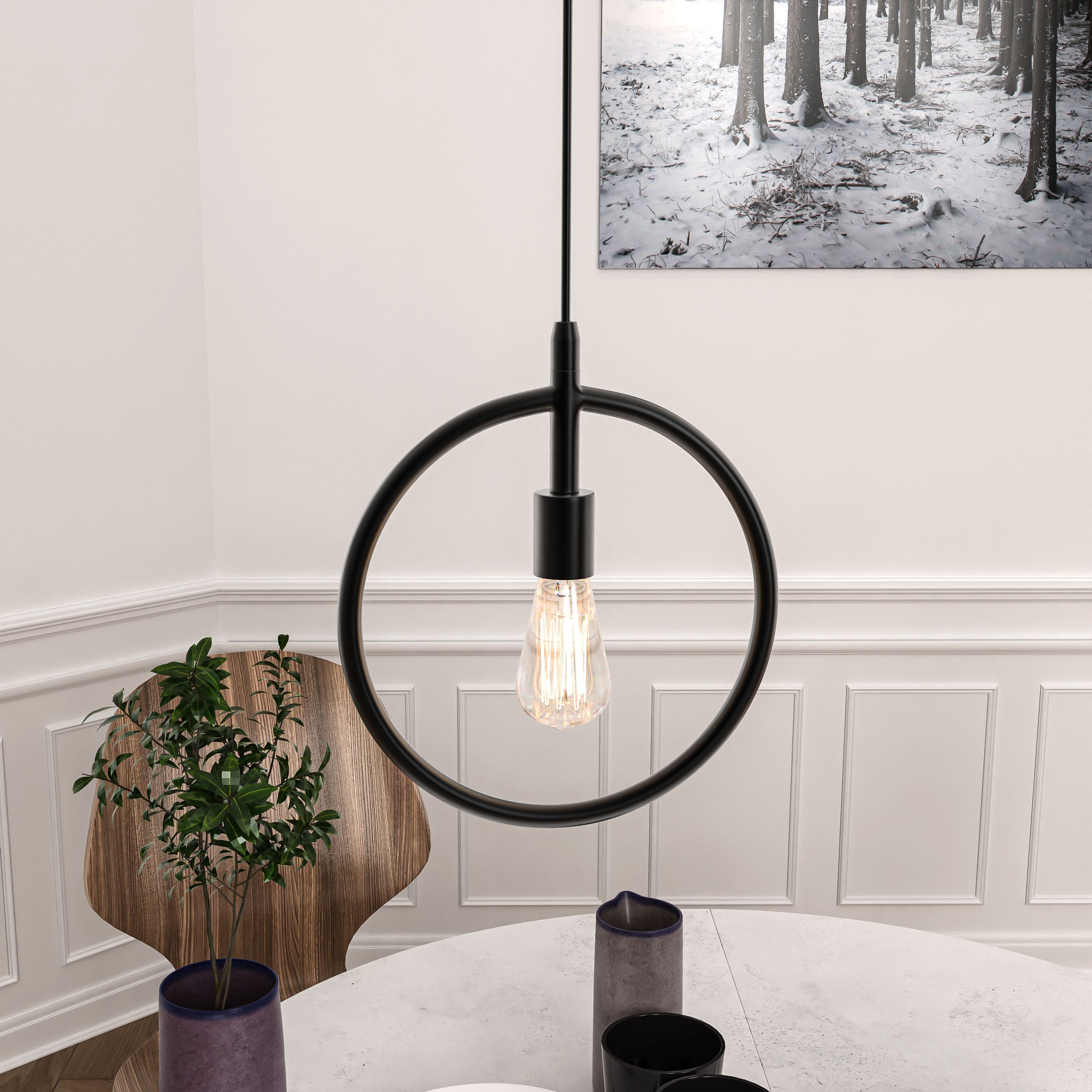 Matte Black Ring Shape Pendant Light Fixture, E26 Base, UL Listed for Dry Location, Fixture Size: D12 x H13.5 Inch