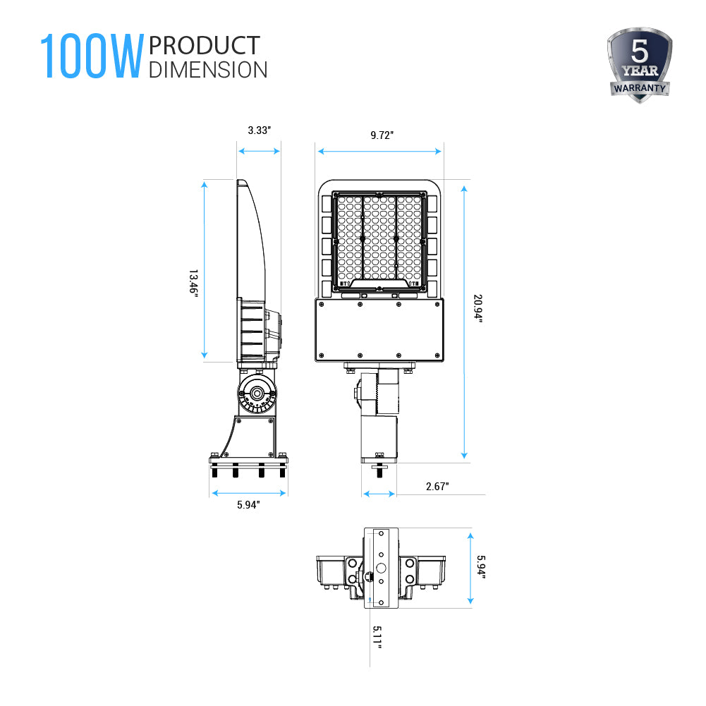 LED Shoebox Light Fixtures, A Series, 80W/100W/150W/200W, 5000K, 100V-277V, IP65, T3 Beam Angle, LED Parking Lot Lights, Gray