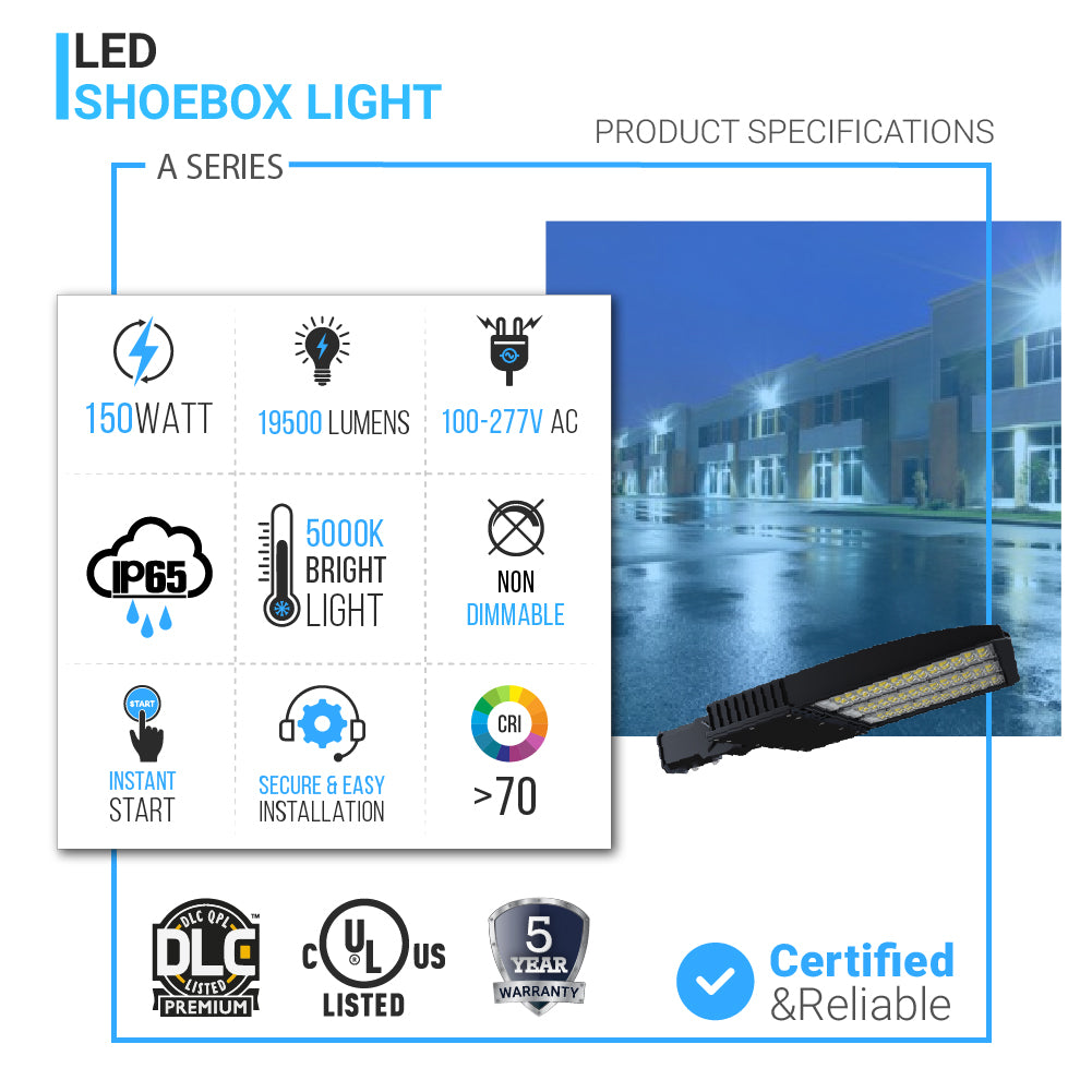 LED Shoebox Light Fixtures, A Series, 80W/100W/150W/200W, 5000K, 100V-277V, IP65, T3 Beam Angle, LED Parking Lot Lights, Gray