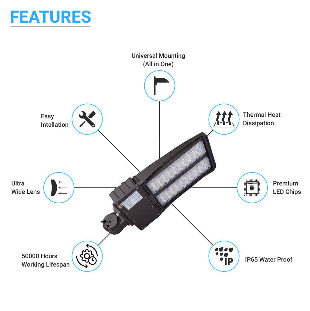 LED Shoebox Light Fixtures, A Series, 80W/100W/150W/200W, 5000K, 100V-277V, IP65, T3 Beam Angle, LED Parking Lot Lights, Gray