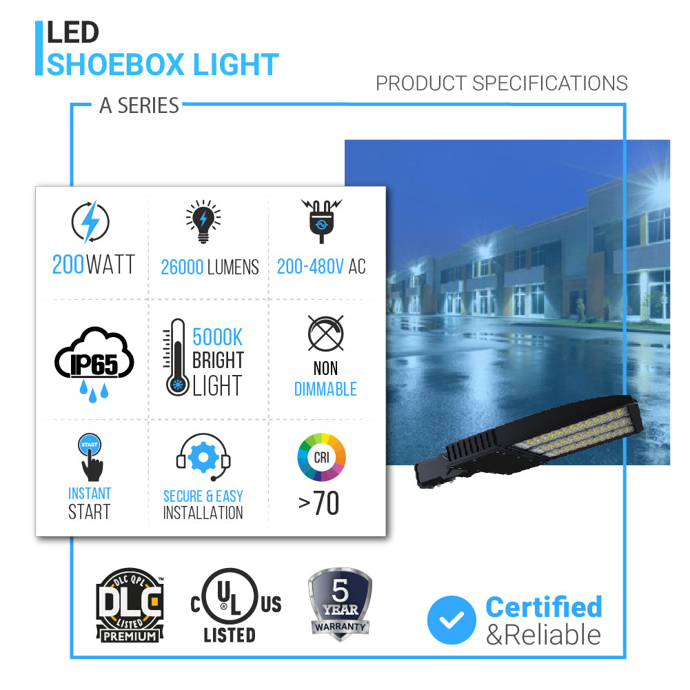 LED Shoebox Light Fixtures, A Series, 150W/200W, 5000K, 200V-480V, Waterproof, T3 Beam Angle, LED Parking Lot Lights, Gray
