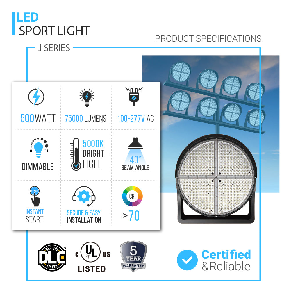 LED Sport Light, J Series, 500W, 5000K, 100-277V, IP66 , 30°/45°/60° Beam Angle, Dimmable, 75000 Lumens, Commercial Arena Light for Sports Fields & Court