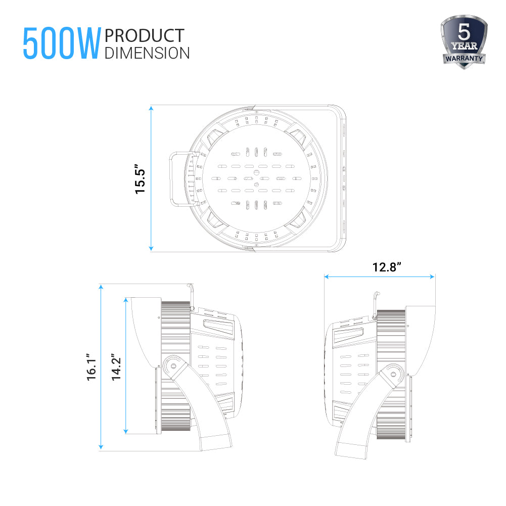 LED Sport Light, J Series, 500W, 5000K, 100-277V, IP66 , 30°/45°/60° Beam Angle, Dimmable, 75000 Lumens, Commercial Arena Light for Sports Fields & Court