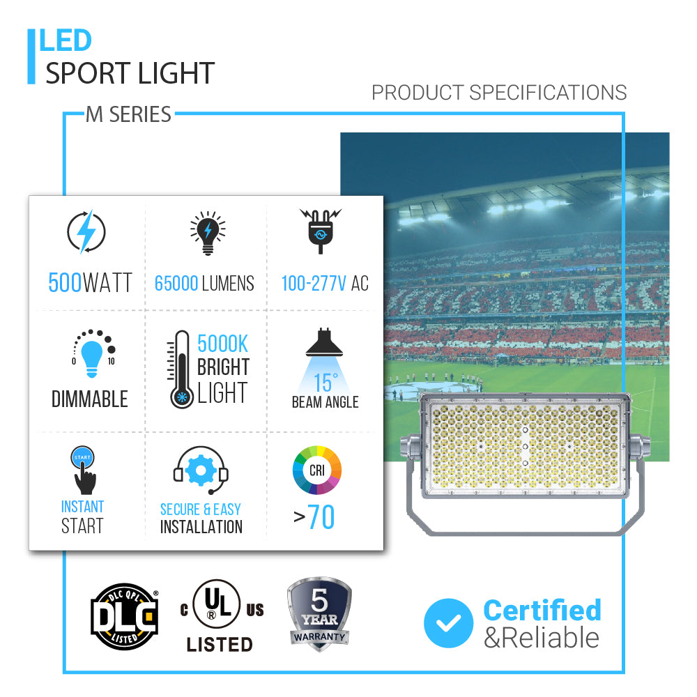 LED Sport Light, M Series, 500W, 5000K, 100-277V, IP66 , 15°/30°/45°/60°' Beam Angle, Dimmable, 65000 Lumens, Commercial Arena Light for Sports Fields & Court