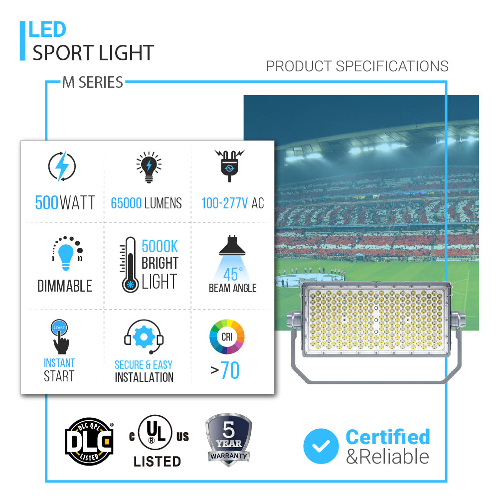 LED Sport Light, M Series, 500W, 5000K, 100-277V, IP66 , 15°/30°/45°/60°' Beam Angle, Dimmable, 65000 Lumens, Commercial Arena Light for Sports Fields & Court