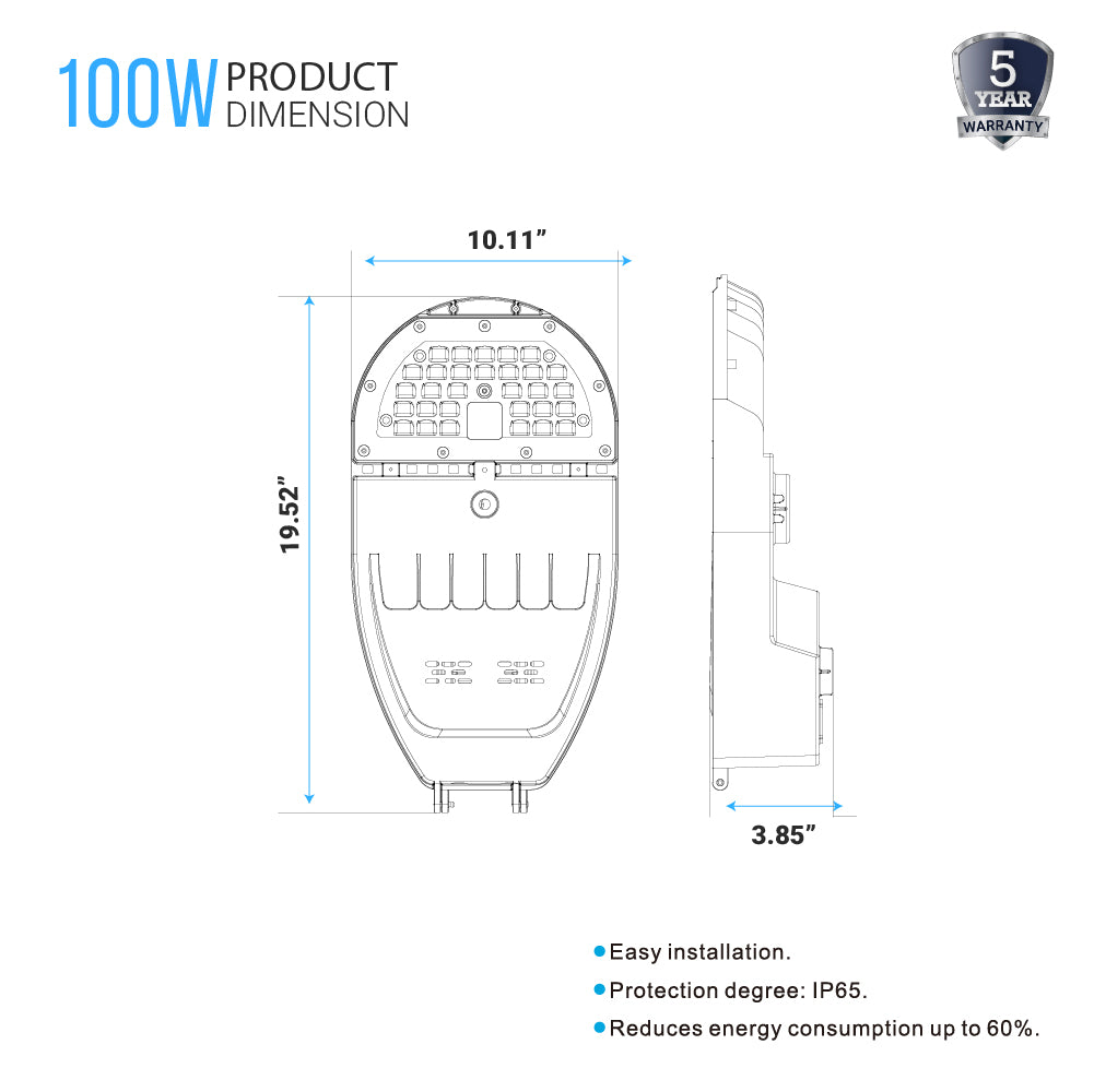 LED Street Light, H Series, 100W, 5000K, 15000LM, Dimmable, 120-277V, Waterproof Outdoor Commercial Area Road Lighting
