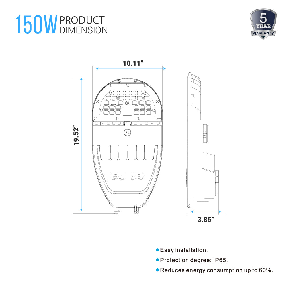 LED Street Light H Series 150W 5000K, 22500LM, CRI>70, Dimmable, DLC V5.1, UL, cUL and Lighting Facts Listed