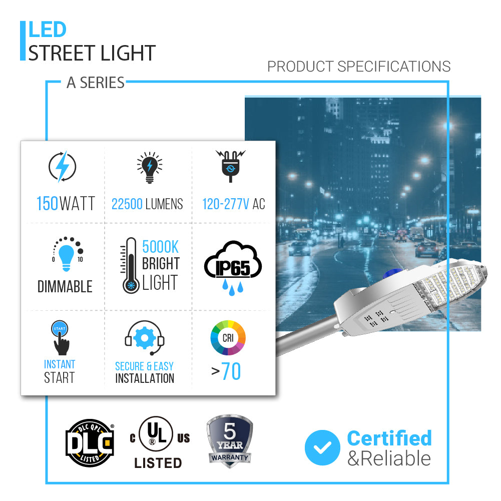 LED Street Light H Series 150W 5000K, 22500LM, CRI>70, Dimmable, DLC V5.1, UL, cUL and Lighting Facts Listed