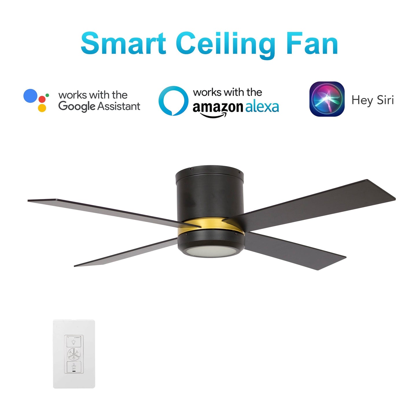 Arlington 52 Inch 4-Blade Flush Mount Best Smart Ceiling Fan With Led Light Kit & Wall Switch - Gold/Black