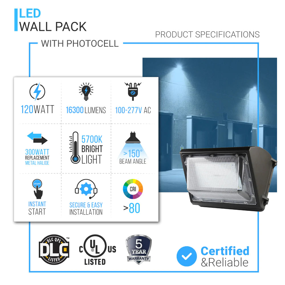 LED Wall Pack Light with Dusk-to-Dawn Sensor 120W 5700K 16300LM, Forward Throw, Waterproof Wall Mount Security Lighting, UL, DLC Premium