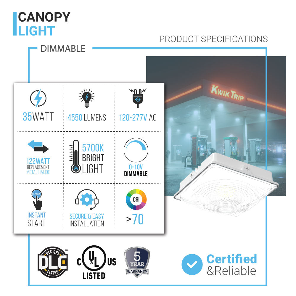 LED Canopy Light 35W 5700K Daylight 4550LM IP65 Waterproof 0-10V Dim 120-277VAC UL Listed Surface or Pendant Mount, for Gas Stations Outdoor Area Light White