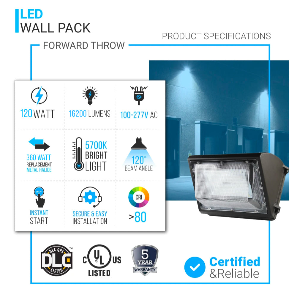 LED Wall Pack Light 120W 5700K Forward Throw 16200LM IP65 Waterproof, 100V - 277V, UL, DLC Listed, Wall Mount Outdoor Security Light