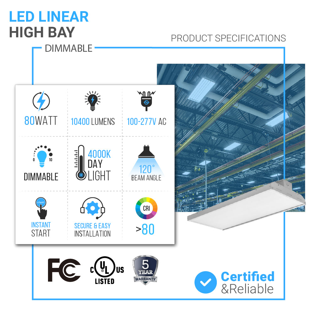 2ft 80W Gen1 LED Linear High Bay Chain Mount Fixture Light, 100V-277V, 10400LM, 0-10V Dimmable, UL, cUL & Lighting Facts