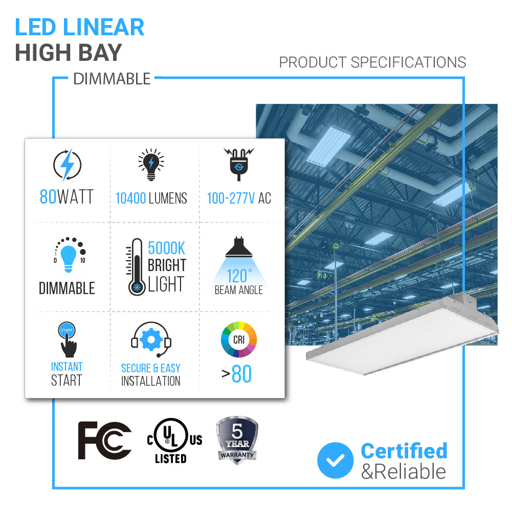 2ft 80W Gen1 LED Linear High Bay Chain Mount Fixture Light, 100V-277V, 10400LM, 0-10V Dimmable, UL, cUL & Lighting Facts