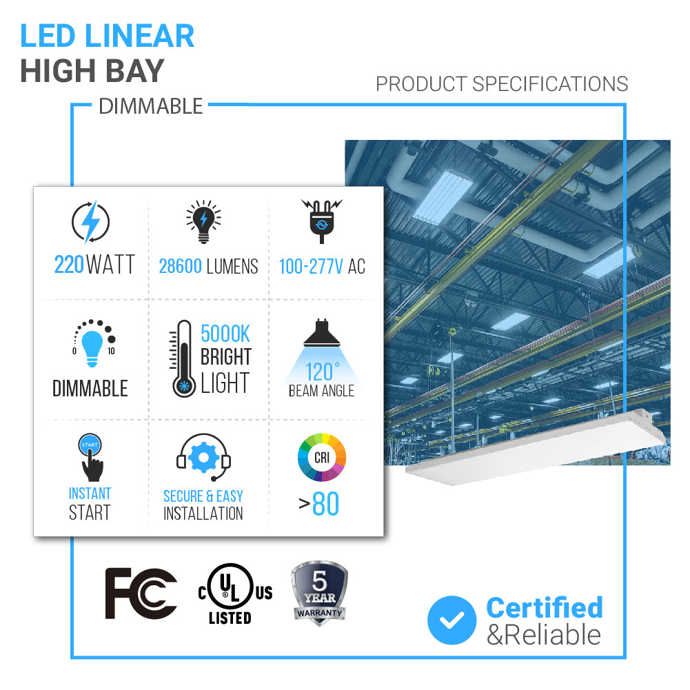 4ft 220W Gen1 Linear LED High Bay Lights, 5000K, 28600LM, 100V-277V, Dimmable, UL, cUL & Lighting Facts (1 Pack)