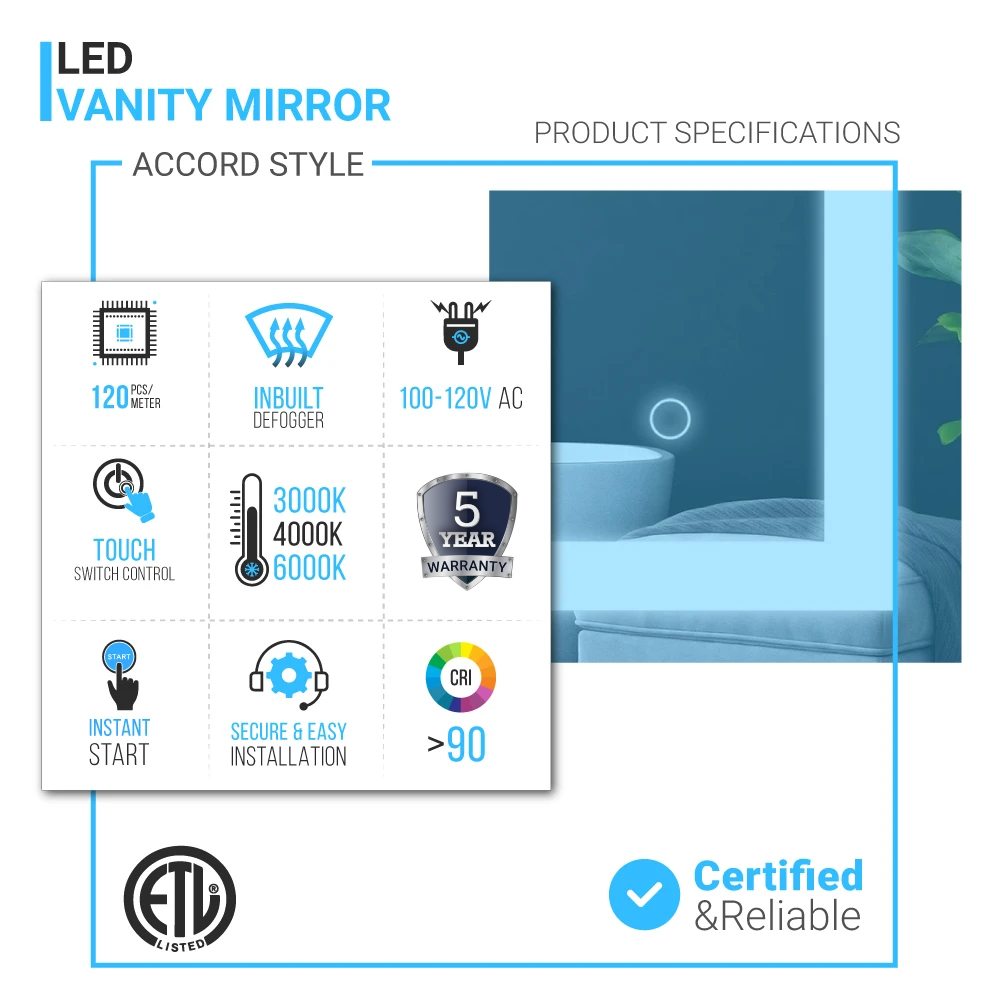 Backlit/Frontlit, Vanity Mirror with Lights, Touch Switch, Anti-Fog, Adjustable Color Temperature & Remembrance, LED Mirror for Bathroom, Accord Style