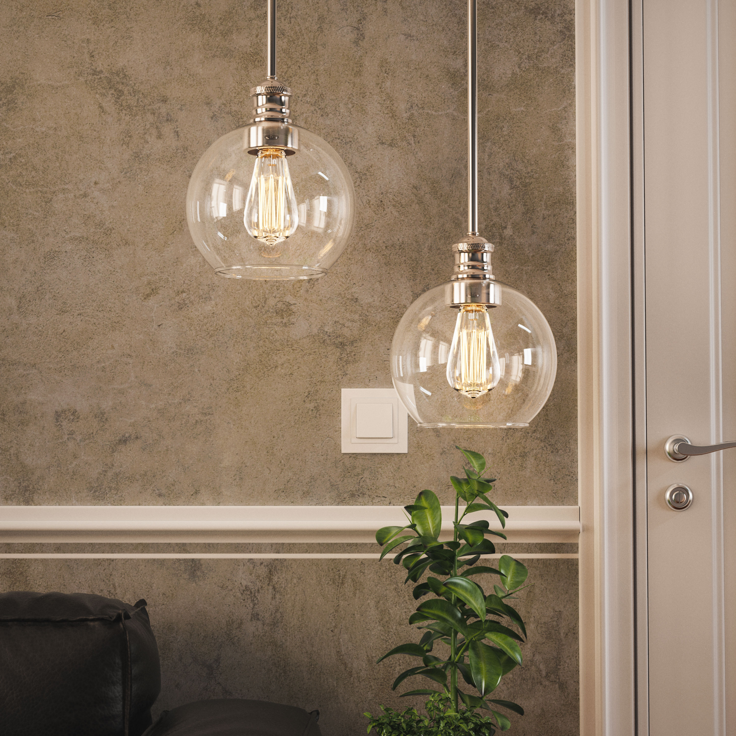 1-Light Clear Glass Pendant Lighting Fixture with Brushed Nickel Finish, E26 Base, UL Listed for Damp Location