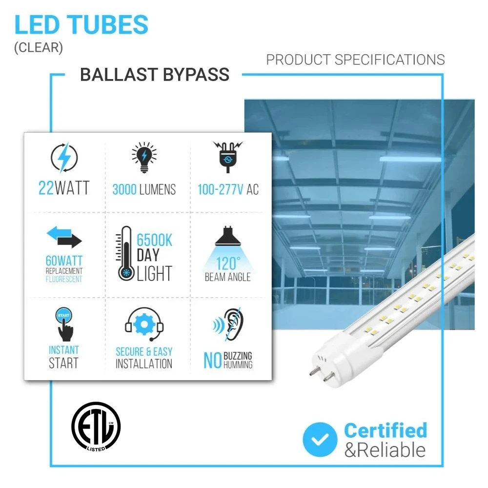 T8 4ft LED Tube/Bulb - 22W 3000 Lumens 6500K Clear, 2-Row, G13 Base, Double Ended Power - Ballast Bypass