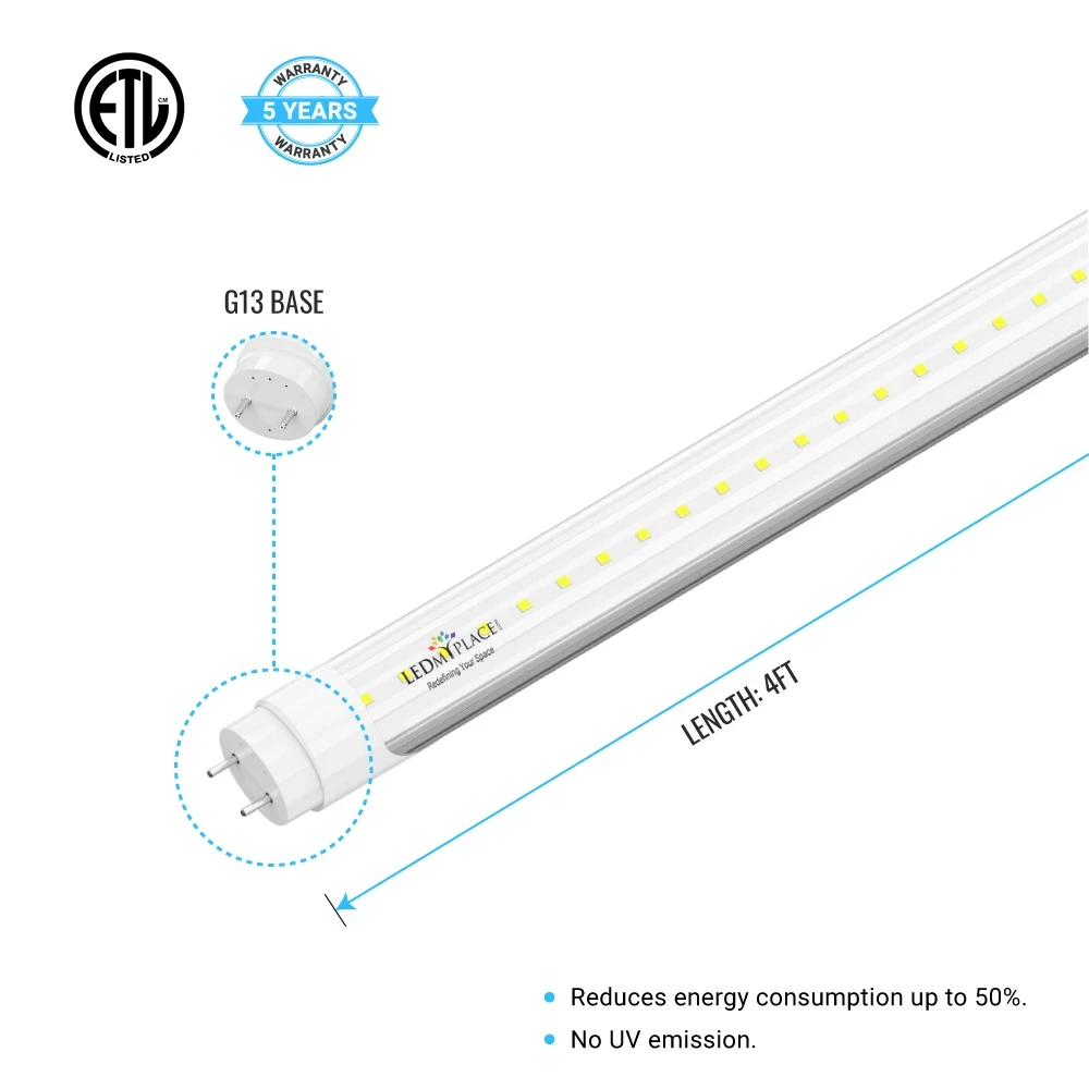 T8 4ft LED Tube/Bulb - 22W 3080 Lumens 6500K Clear, Single End Power - Ballast Bypass