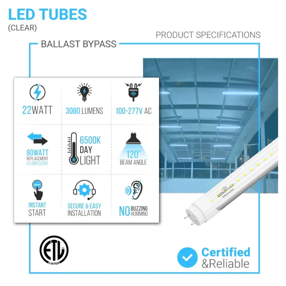 T8 4ft LED Tube/Bulb - 22W 3080 Lumens 6500K Clear, Single End Power - Ballast Bypass