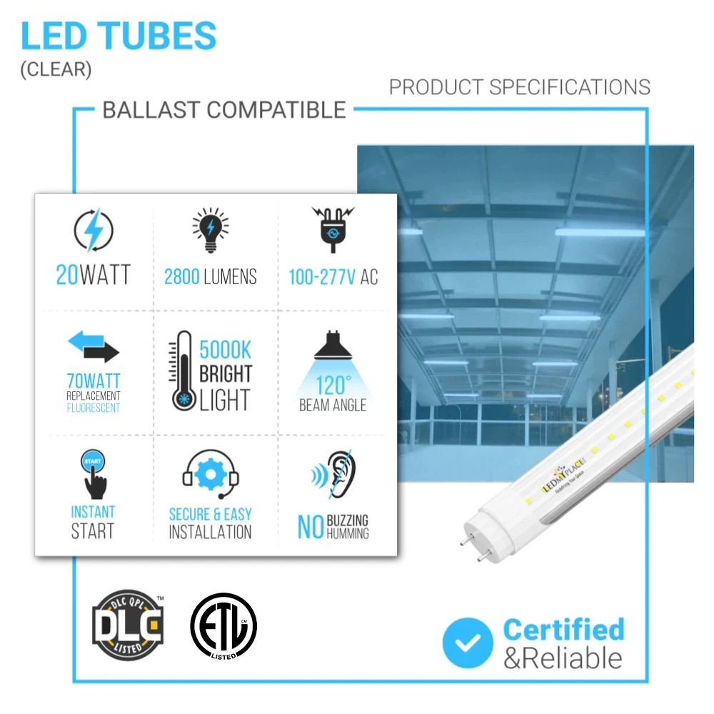 Hybrid T8 4ft LED Tube/Bulb - 20W 2800 Lumens 5000K Clear, Single End/Double End Power - Ballast Compatible or Bypass (Check Compatibility List)