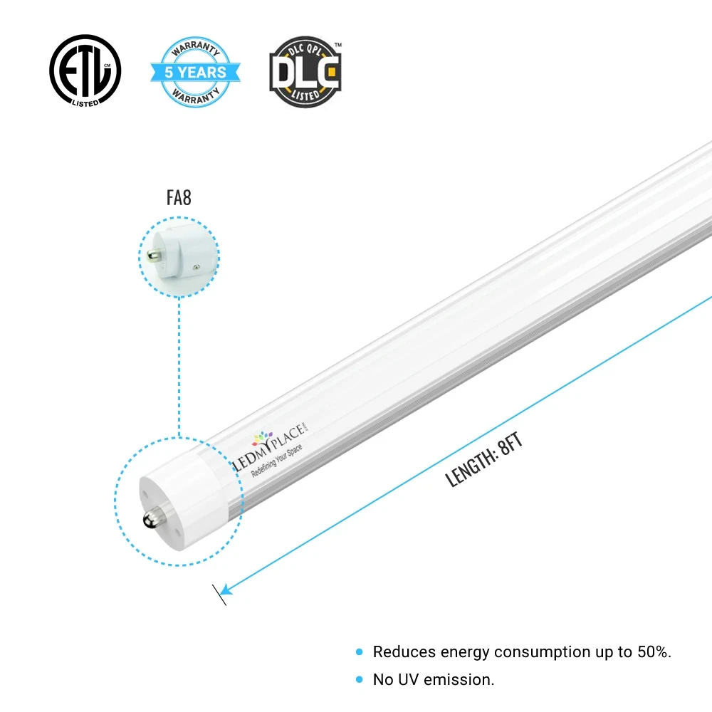 T8 8ft LED Tube/Bulb - 40W 5600 Lumens 5000K Frosted, Single Pin, Double End Power - Ballast Bypass