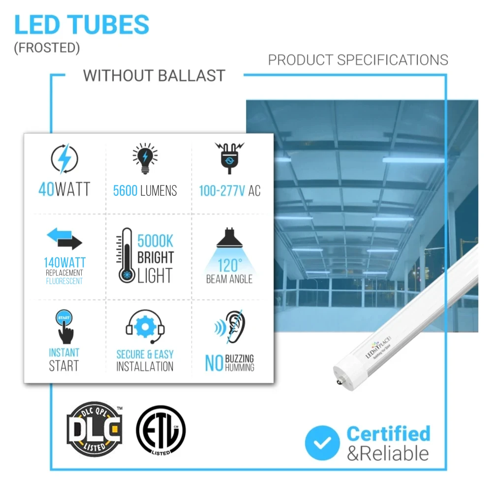 T8 8ft LED Tube/Bulb - 40W 5600 Lumens 5000K Frosted, Single Pin, Double End Power - Ballast Bypass