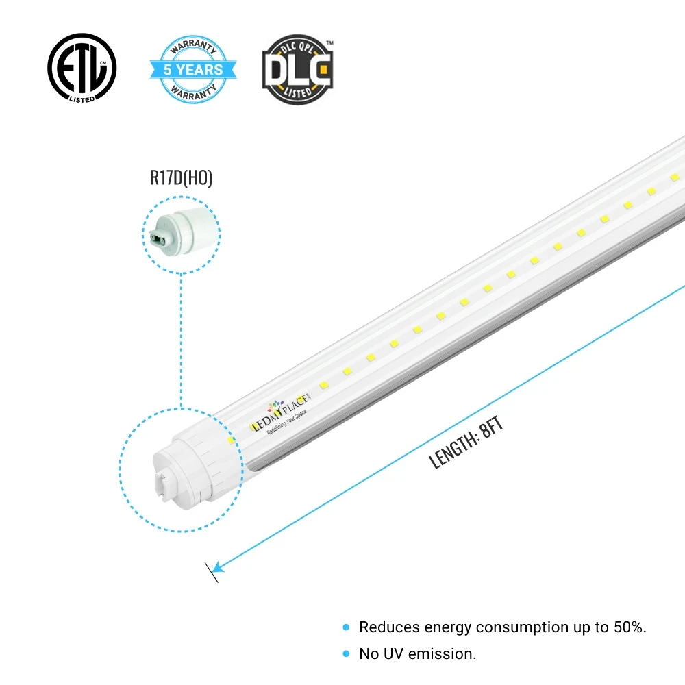 T8 8ft LED Tube/Bulb - 48W 6720 Lumens 5000K Clear, R17D Base, Double Ended Power - Ballast Bypass