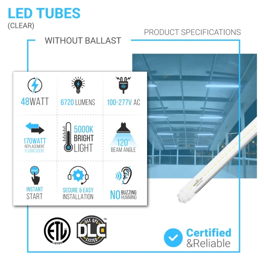 T8 8ft LED Tube/Bulb - 48W 6720 Lumens 5000K Clear, R17D Base, Double Ended Power - Ballast Bypass