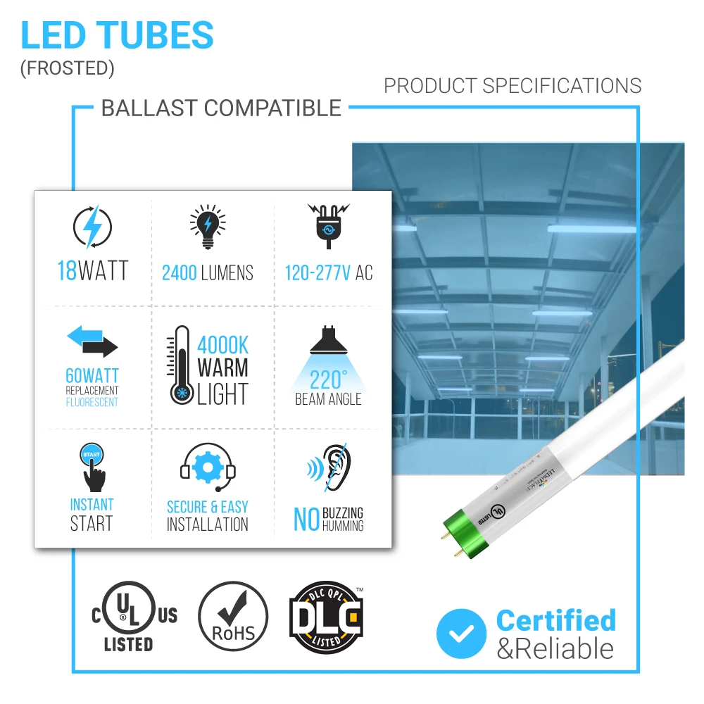 Hybrid T8 4ft LED Tube/Bulb - Glass 18W 2400 Lumens 4000K Frosted, Single End/Double End Power - Ballast Compatible  or Bypass (Check Compatibility List)