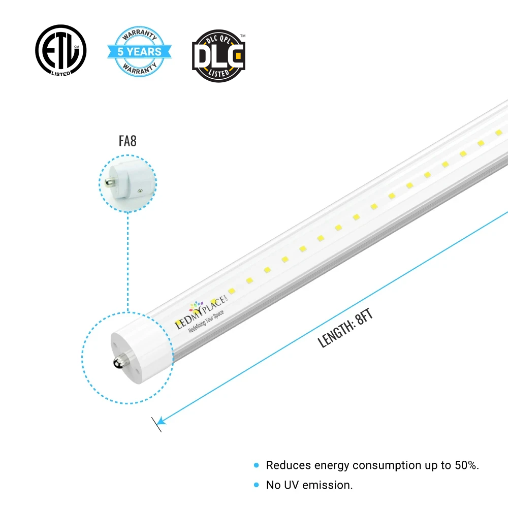 T8 8ft LED Tube/Bulb - 48W 6720 Lumens 5000K Clear, Single Pin, Double End Power - Ballast Bypass