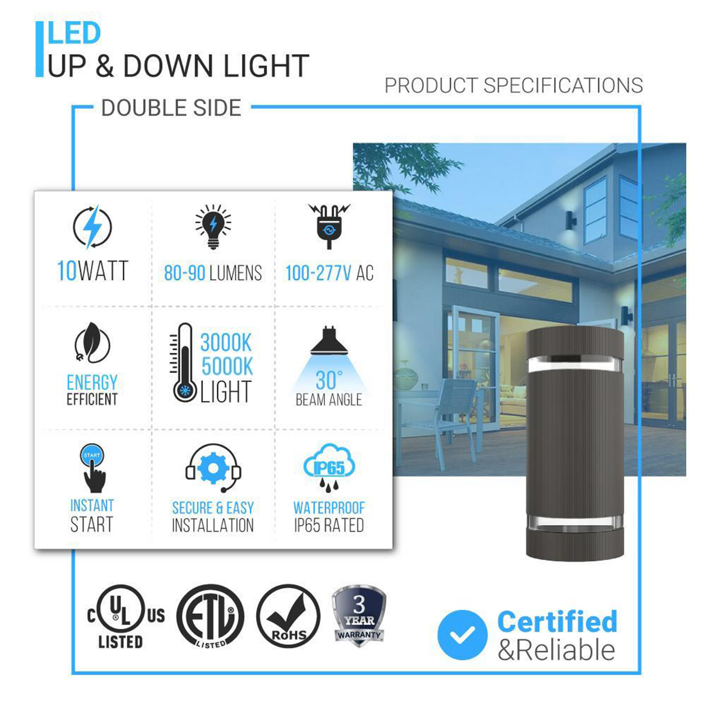 LED Up and Down Lights Outdoor, Semi Cylinder, 2X5W, AC100- 277V, Outdoor Wall Light ETL, RoHS Listed, Waterproof Outdoor Wall Lamps