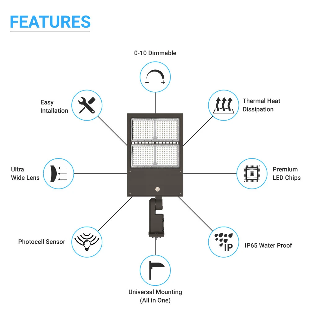 LED Pole Light with Dusk to Dawn Photocell 300W/240W/200W Wattage Adjustable, 5700K, 136 LM/W, AC120-277V Universal Mount Bronze Waterproof IP65, Parking Lot Lights - Outdoor Commercial Area Street Lighting, Gen14B