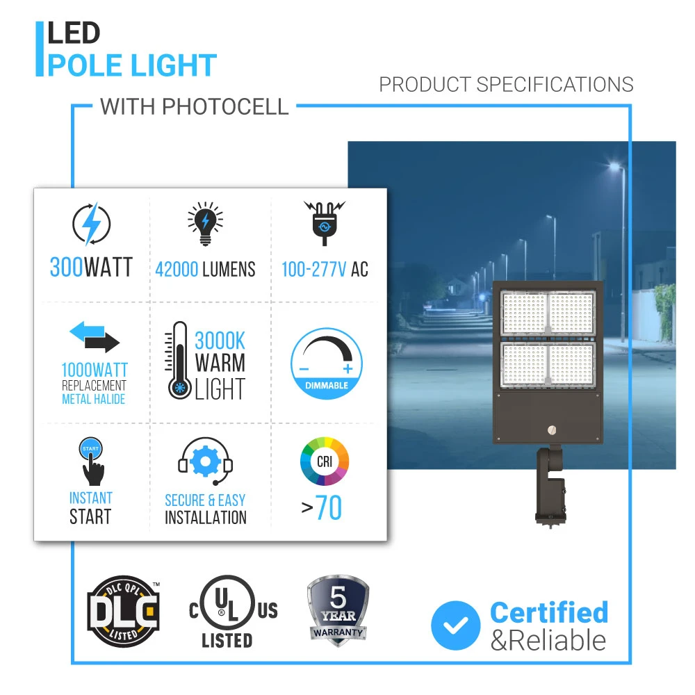 300W LED Pole Light with Dusk to Dawn Photocell, 3000K, Universal Mount, Bronze, AC120-277V, IP65 Waterproof, LED Parking Lot Lights - LED Shoebox Area Light
