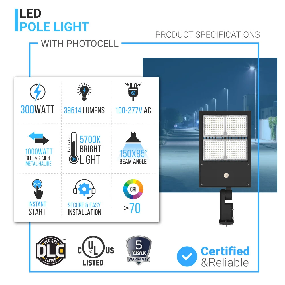 300W LED Pole Light with Dusk to Dawn Photocell, 5700K, 42000LM, Universal Mount, Black, Waterproof IP65, AC120-277V, LED Parking Lot Lights, Outdoor Commercial Area Street Lighting