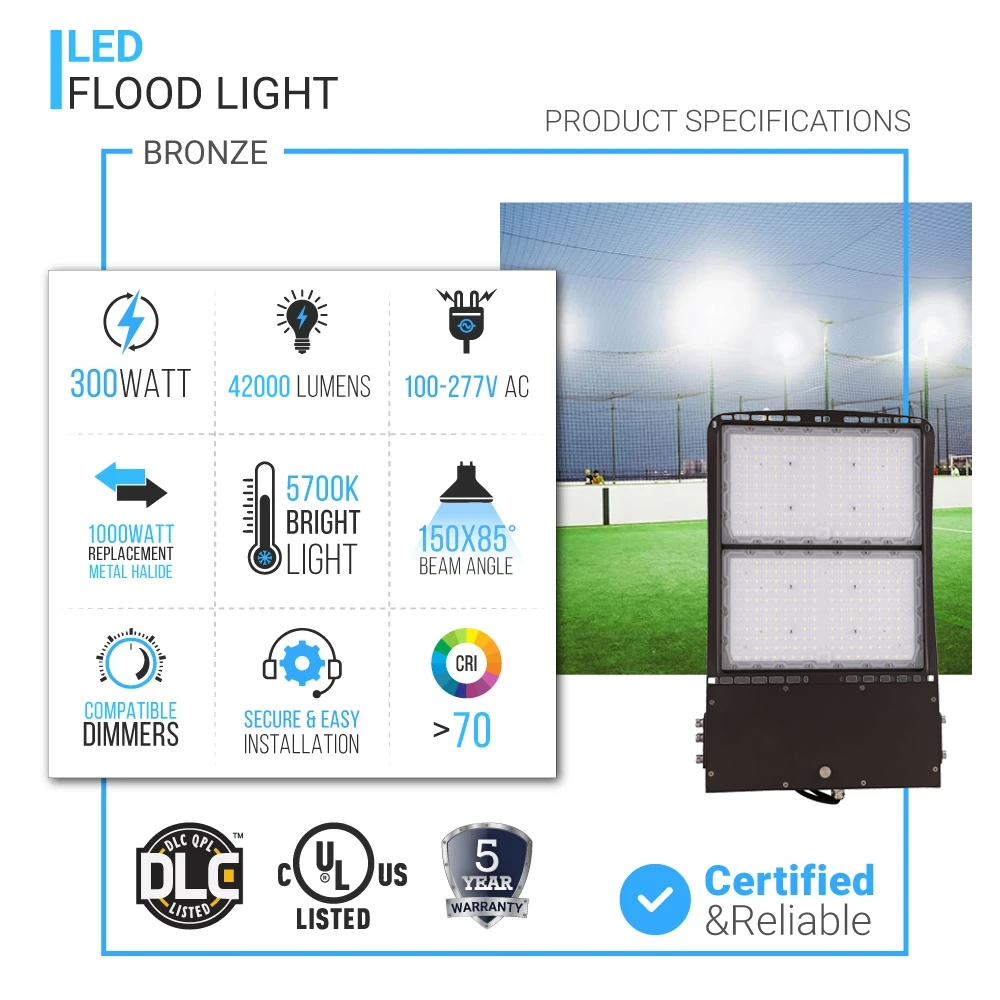 300 watt LED Flood Light 5700K IP65 42000 Lumens Bronze, Dimmable, Floodlight for Backyard|Court|Stadium|Yard, Outdoor Waterproof Security Lights, Arena Lights
